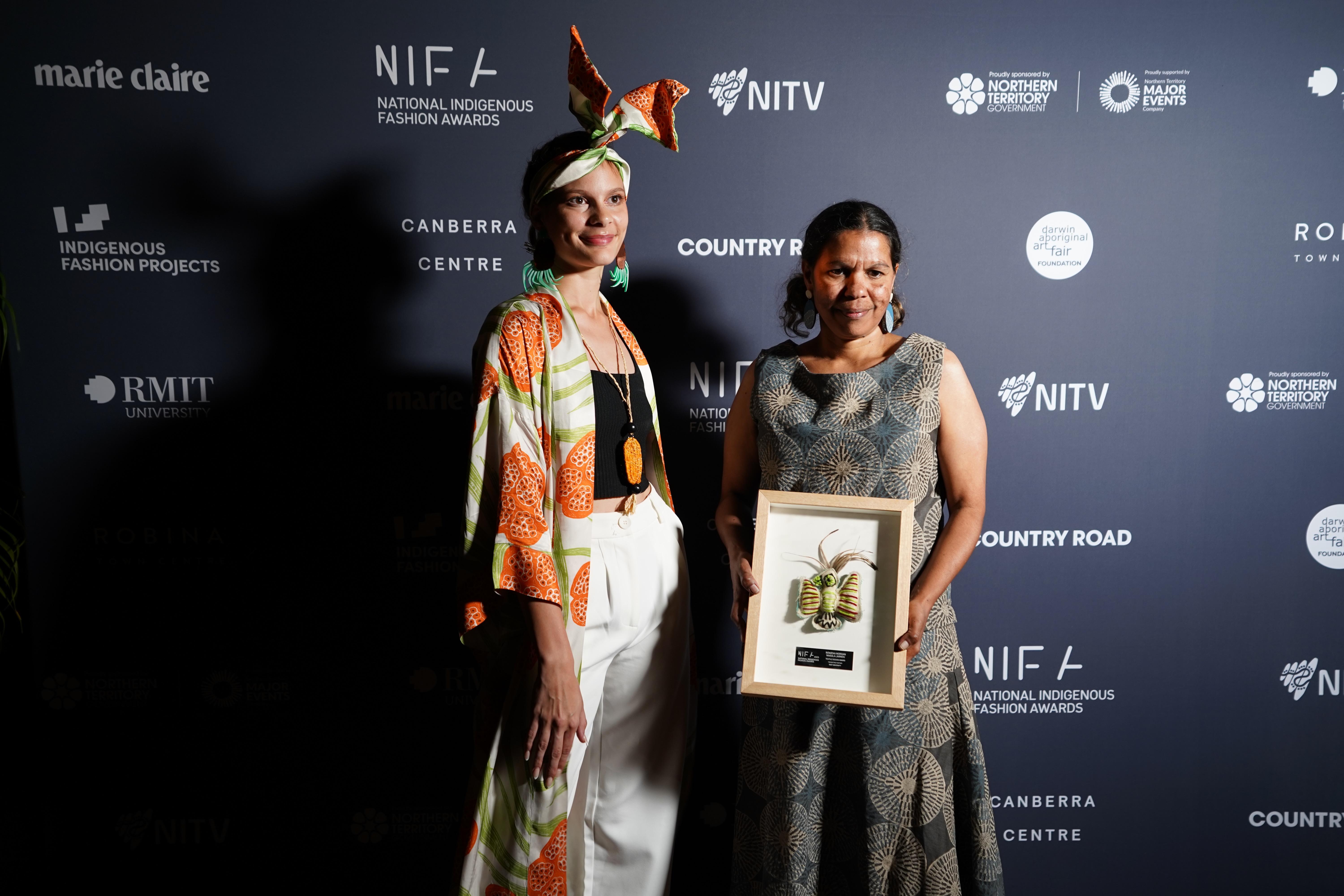 Rowena Morgan, Nagula Jarndu, Textile Design Award, supported by RMIT, National Indigenous Fashion Awards, 2023, Photo by Dylan Buckee.jpg